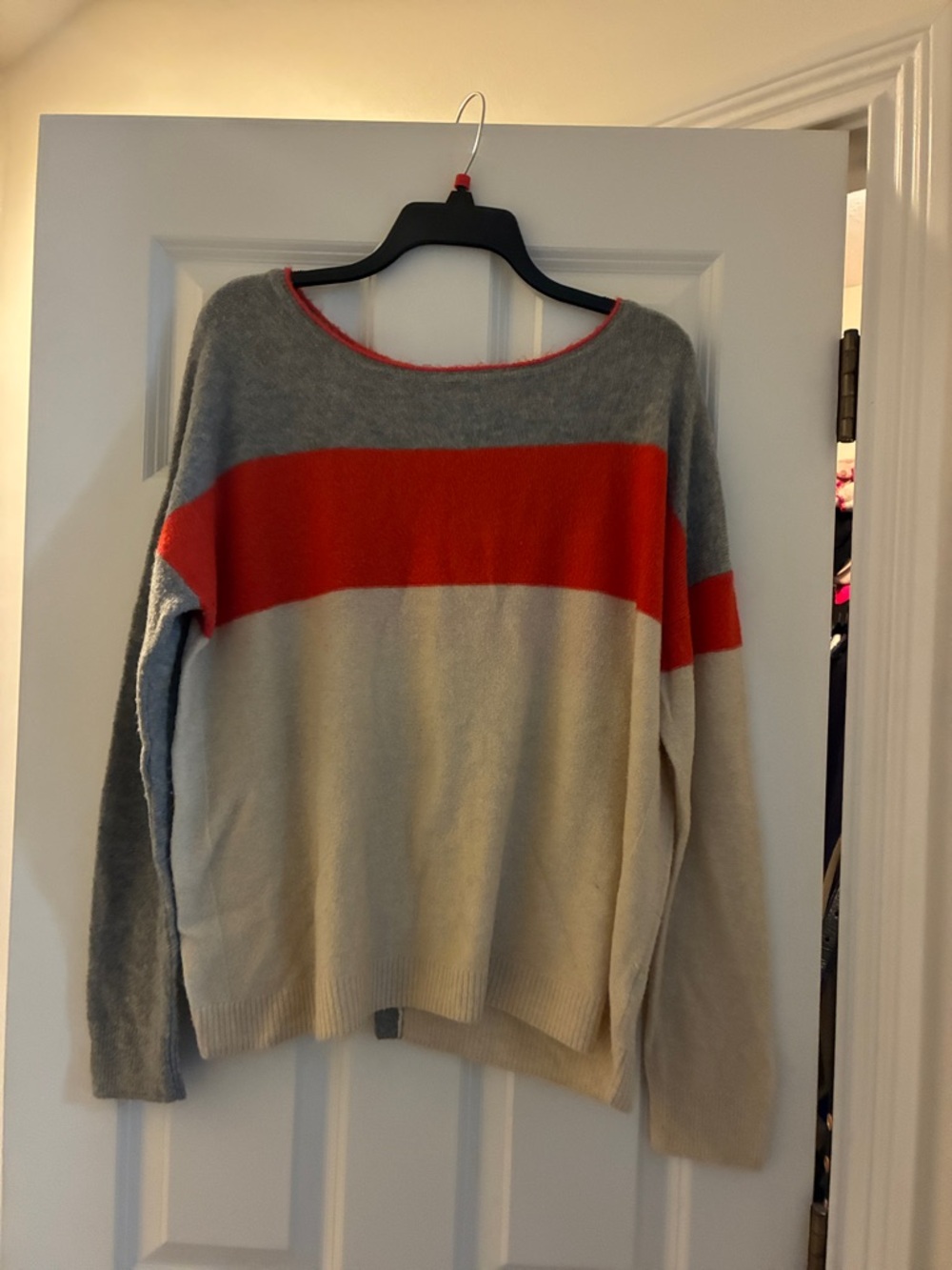 Caslon Off-the-Shoulder Colorblock Sweater in Gray, Cream & Red